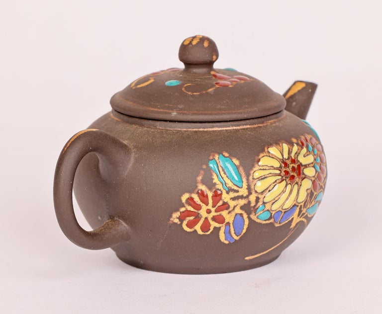 Chinese Miniature Yixing Teapot with Applied Floral Enamel Designs For