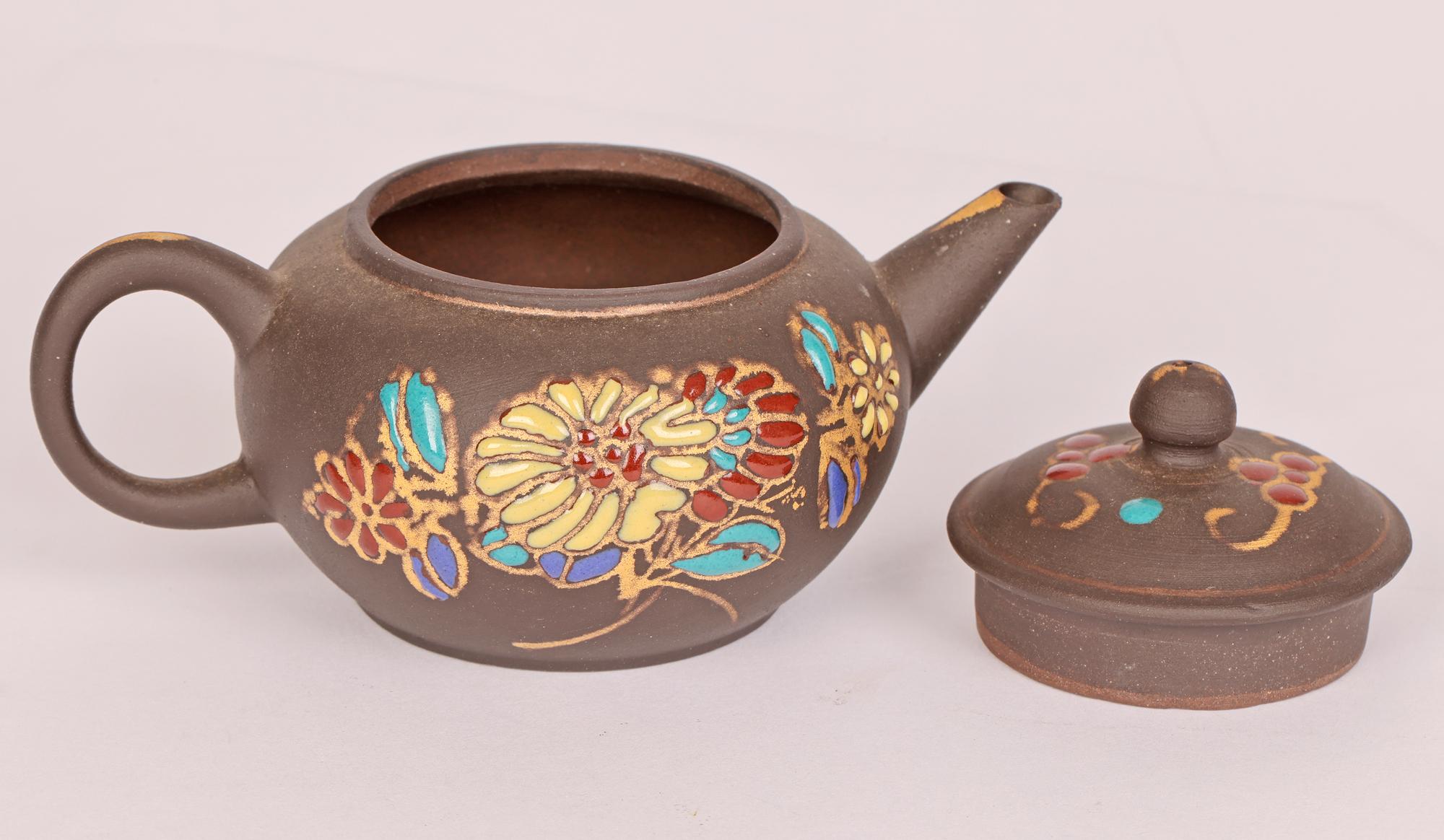 Chinese Miniature Yixing Teapot with Applied Floral Enamel Designs  In Good Condition For Sale In Bishop's Stortford, Hertfordshire