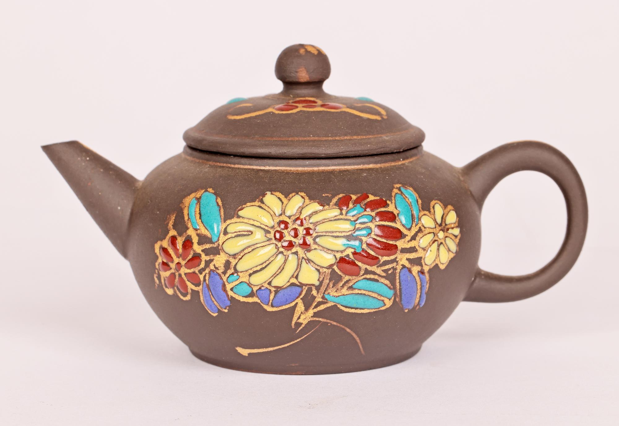 20th Century Chinese Miniature Yixing Teapot with Applied Floral Enamel Designs  For Sale