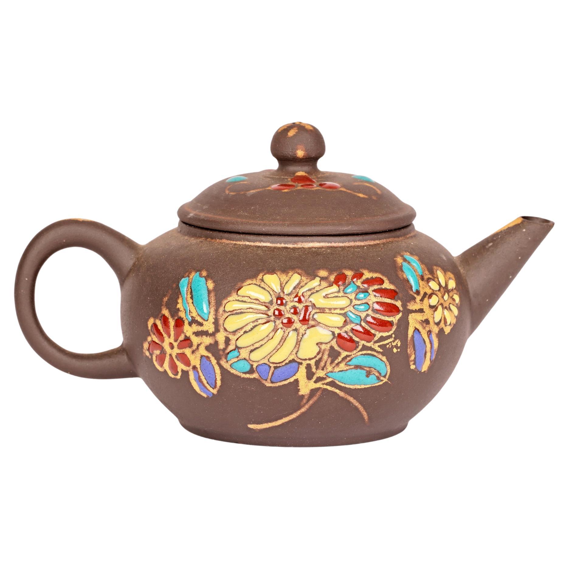 Chinese Miniature Yixing Teapot with Applied Floral Enamel Designs  For Sale