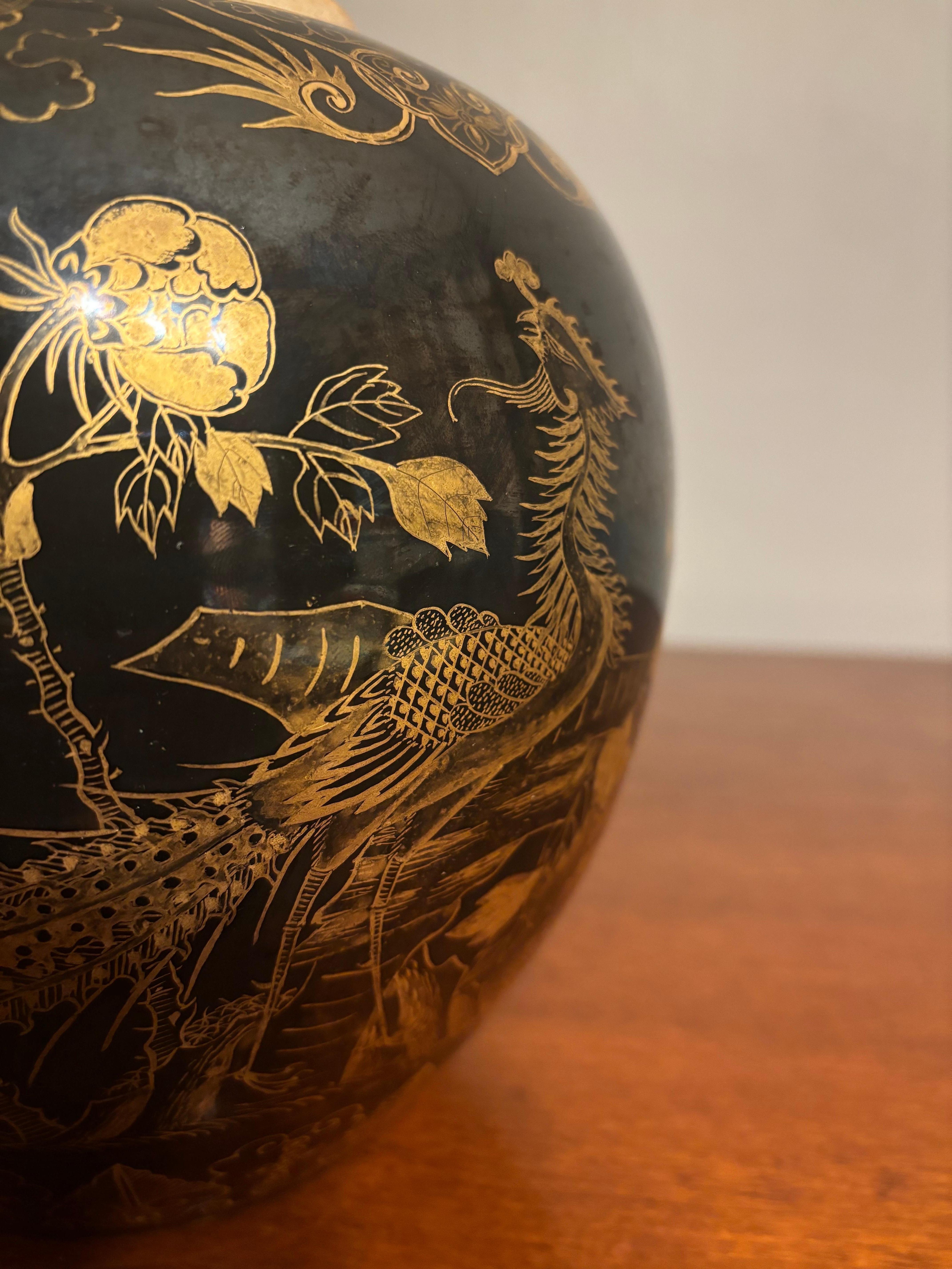 20th Century Chinese Mirror Black Porcelain Jar with Cover with Gilt Pheasant and Flower