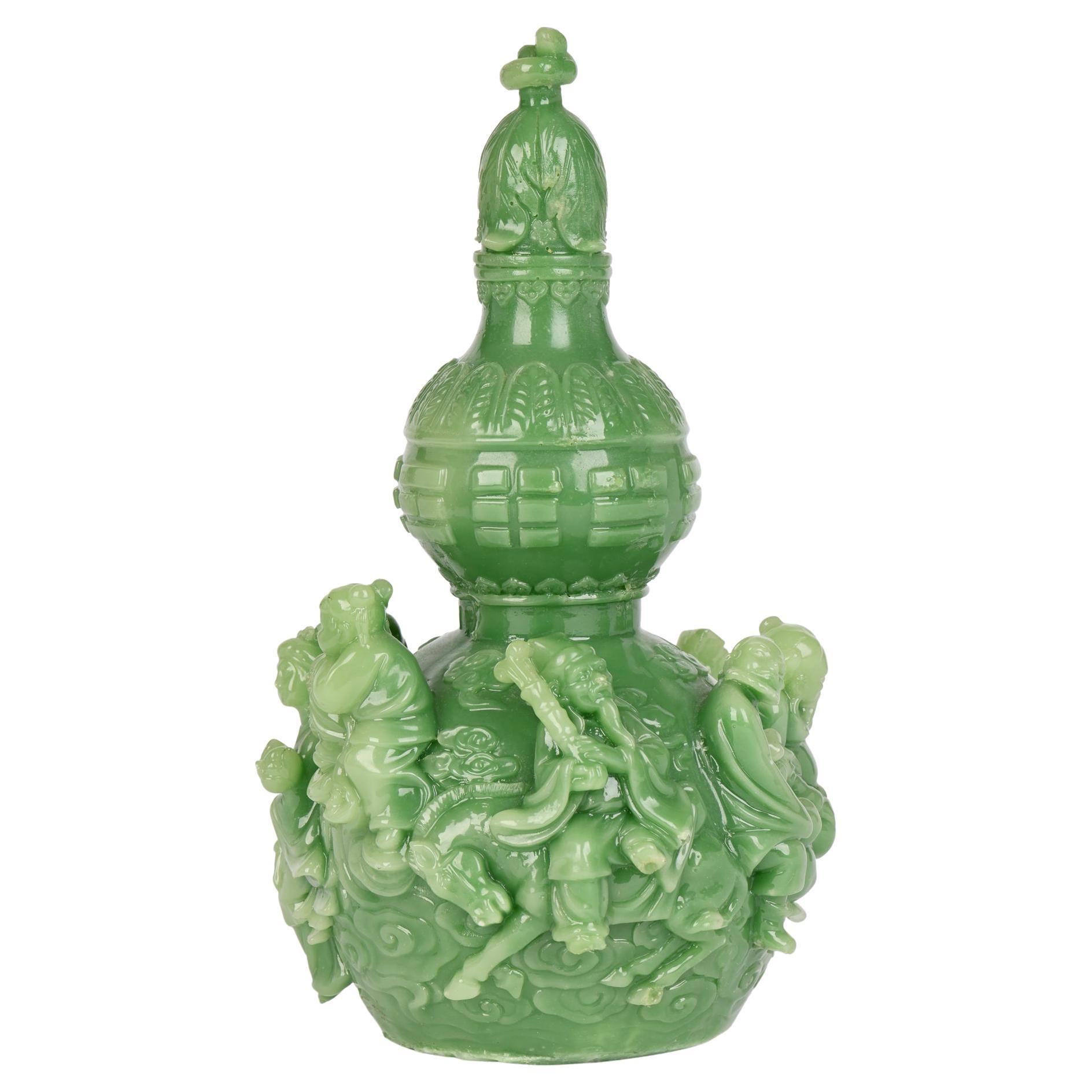 Chinese Molded Double Gourd Scroll Weight with Figures  For Sale