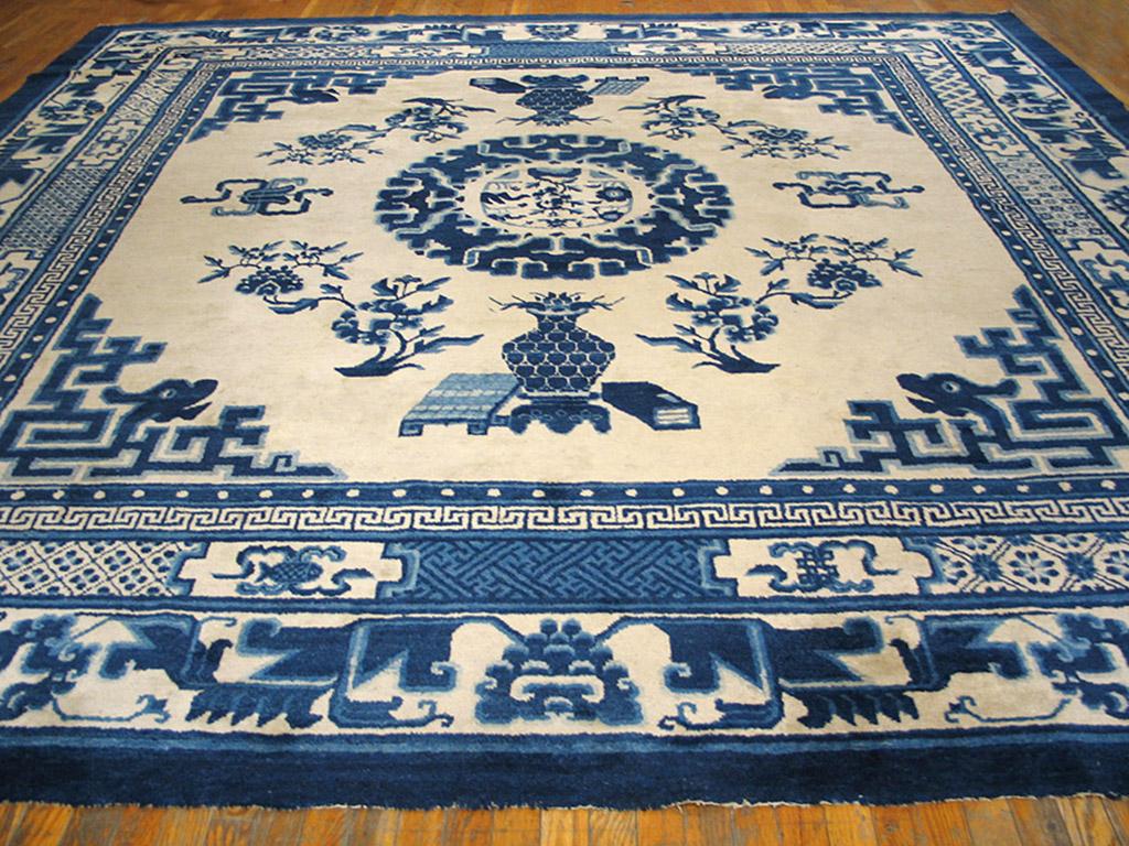 Mongolian carpets do not fit into the usual Chinese typology. Very often square, with limited palettes and of coarser wool, they seem to be woven by a separate craft tradition. This very attractive example has a Classic blue and white color scheme,