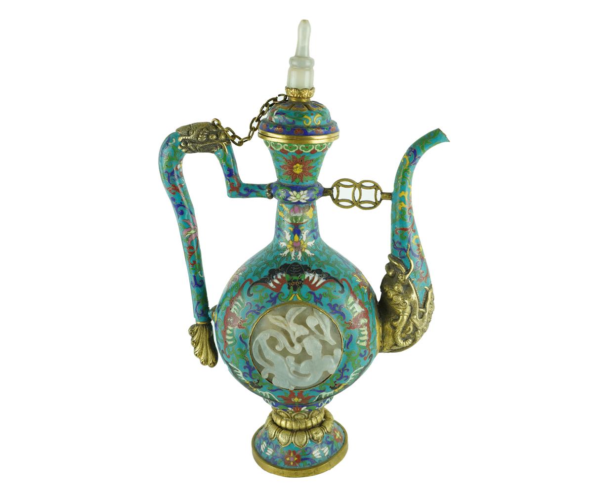 Qing Chinese Mongolian, Style Cloisenne and Jade Ewer For Sale