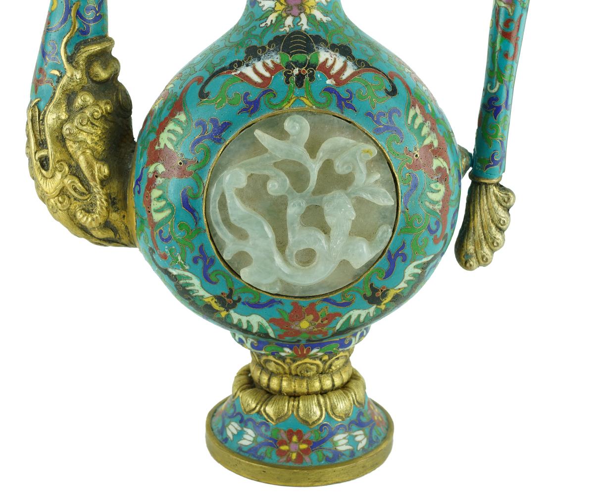 Carved Chinese Mongolian, Style Cloisenne and Jade Ewer For Sale