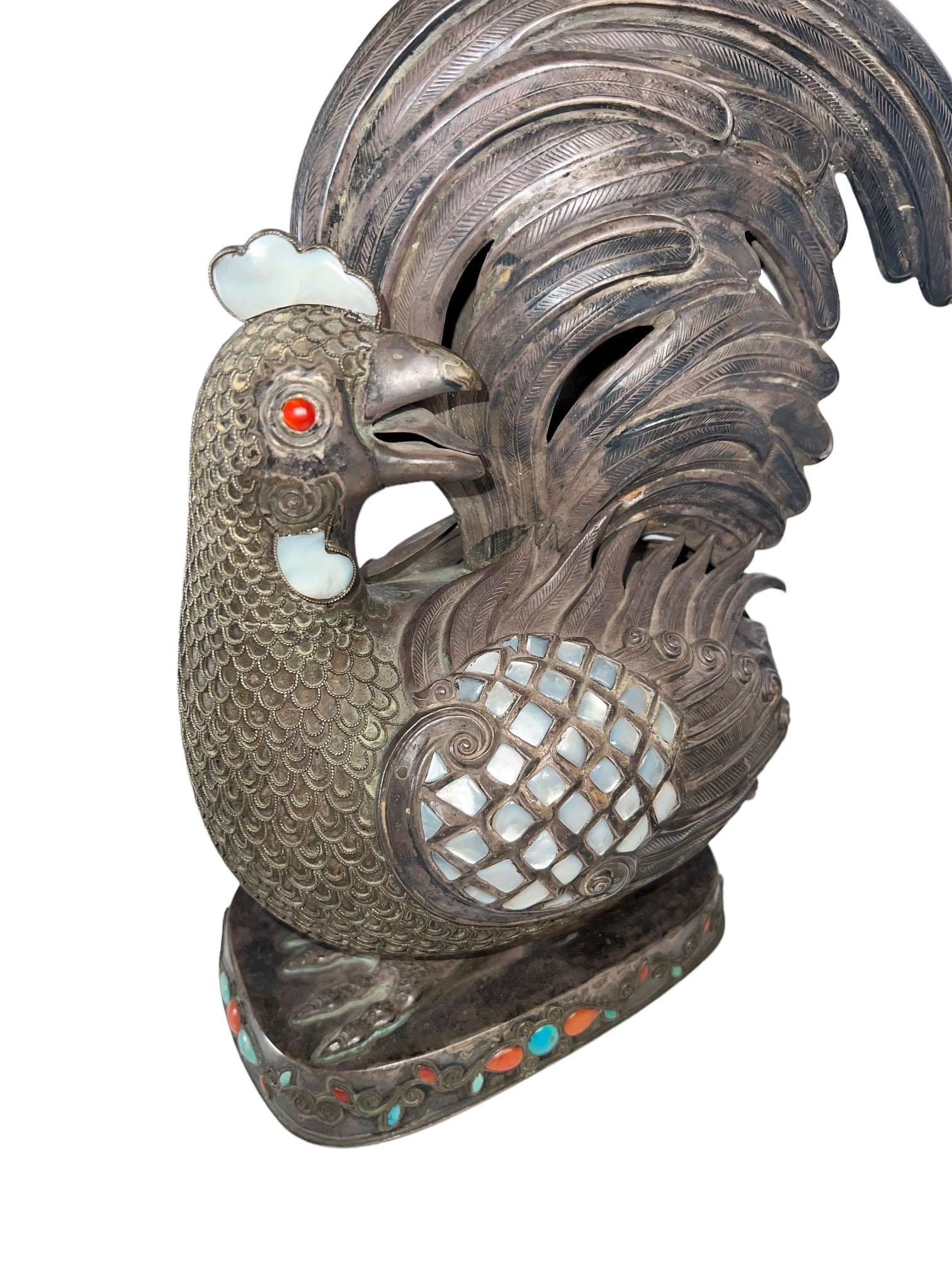 Chinese Mongolian Style Silver Roosters In Good Condition For Sale In Dallas, TX