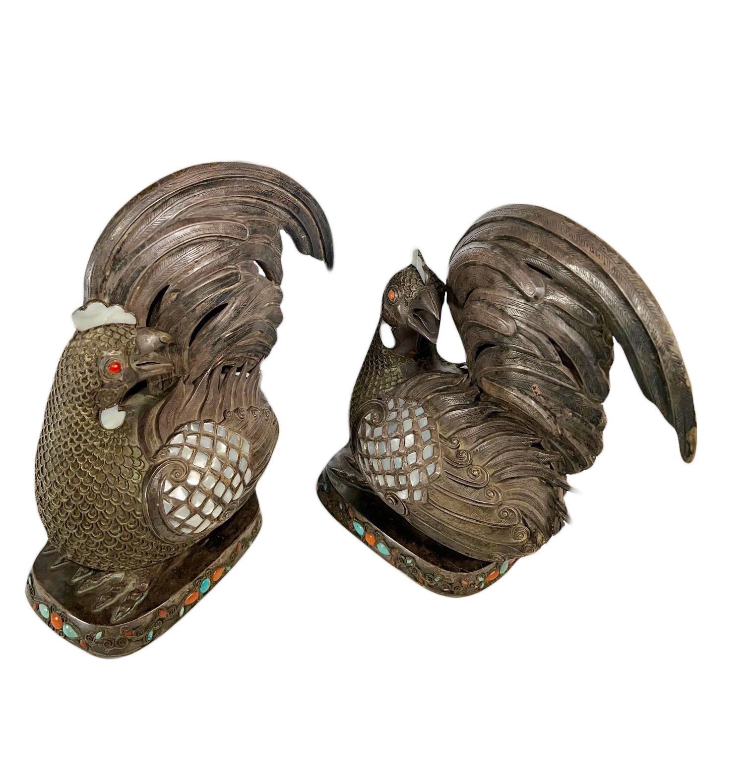 Sterling Silver Chinese Mongolian Style Silver Roosters For Sale