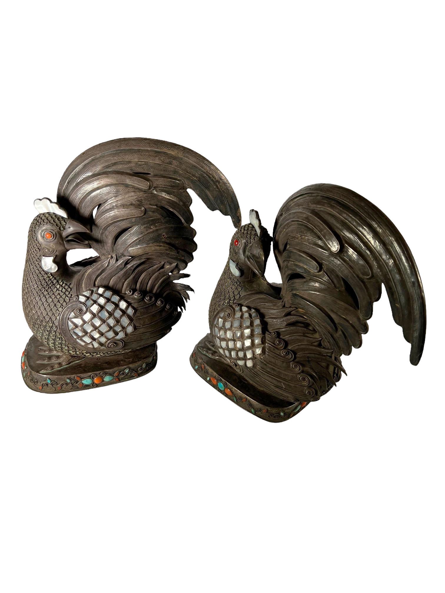 Chinese Mongolian Style Silver Roosters For Sale 1