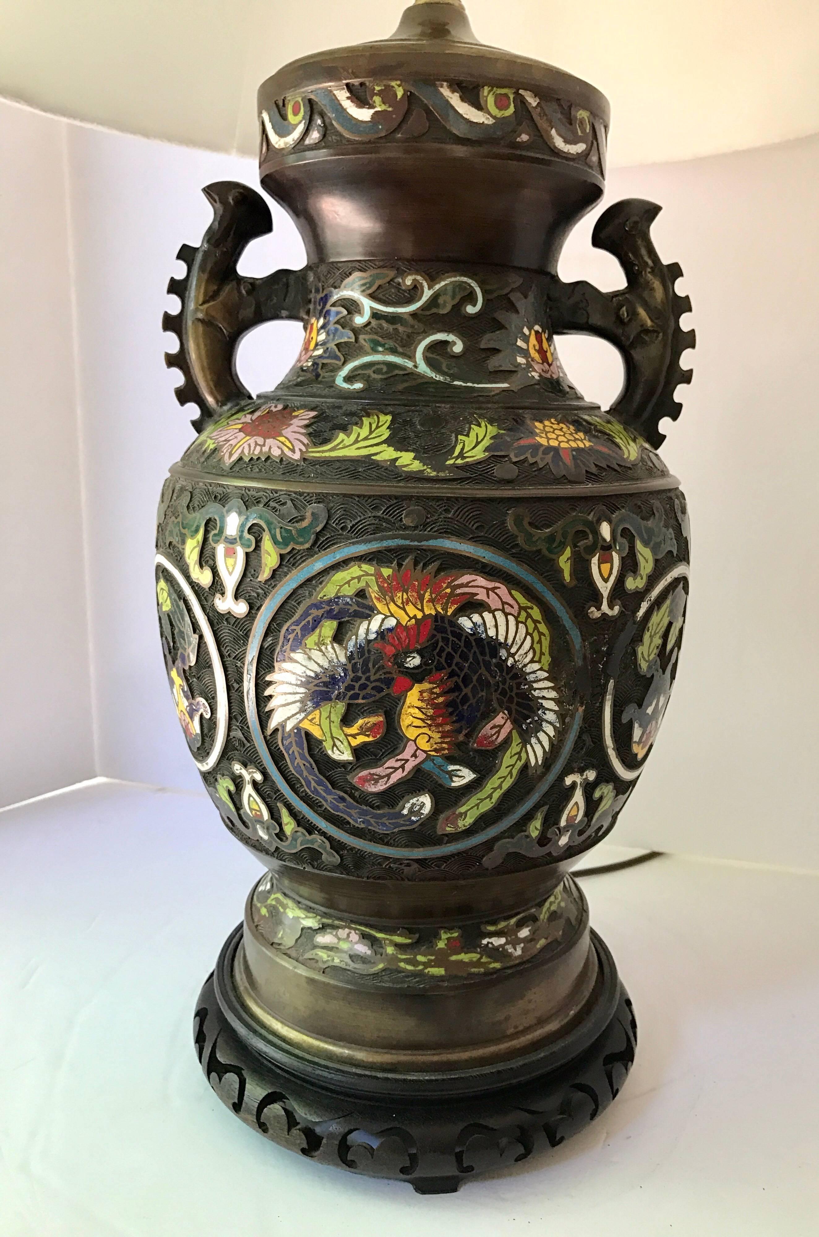 Magnificent large Japanese bronze enamel table lamp with colors so vibrant they are guaranteed to set your home apart.