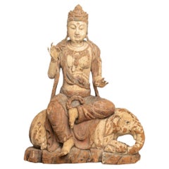 Chinese Monumental Carved Wood Guanyin on Elephant