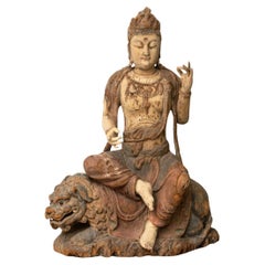 Chinese Monumental Carved Wood Guanyin on Lion