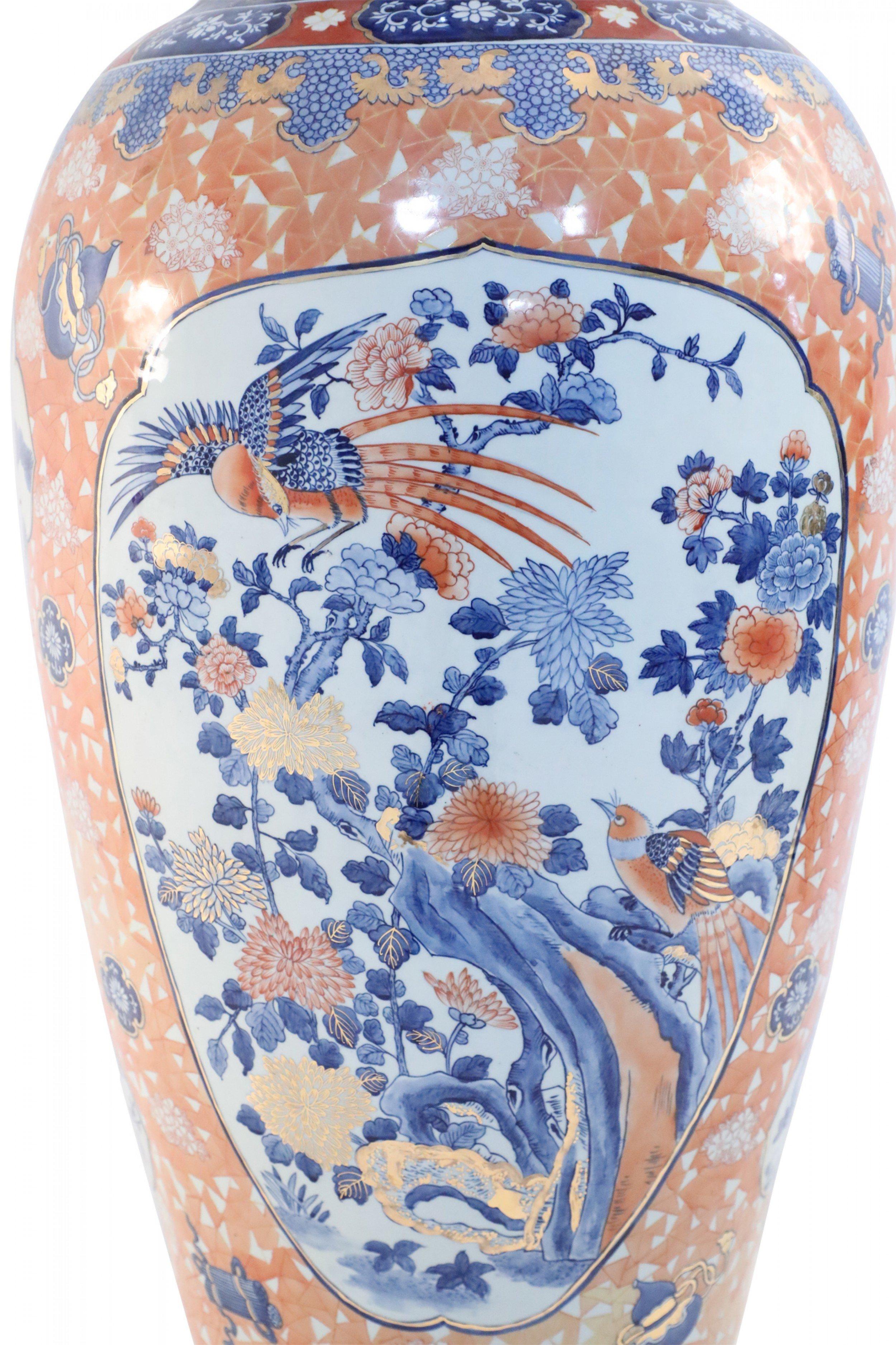 Chinese Monumental Imari-Style Lidded Light Orange Porcelain Urn 1