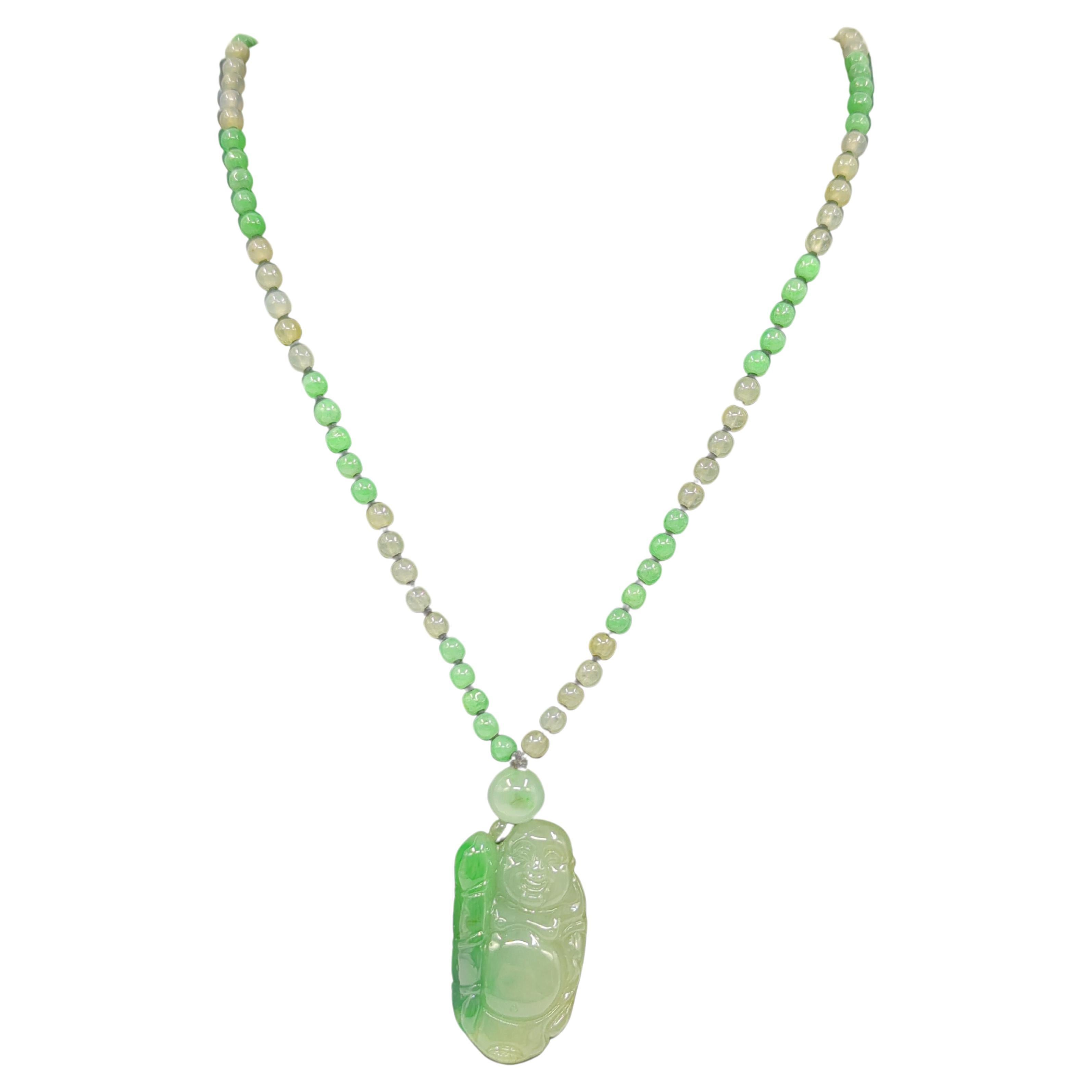 Artisan Chinese Moss Green A Grade Jadeite Laughing Buddha Icy Beaded Necklace 21