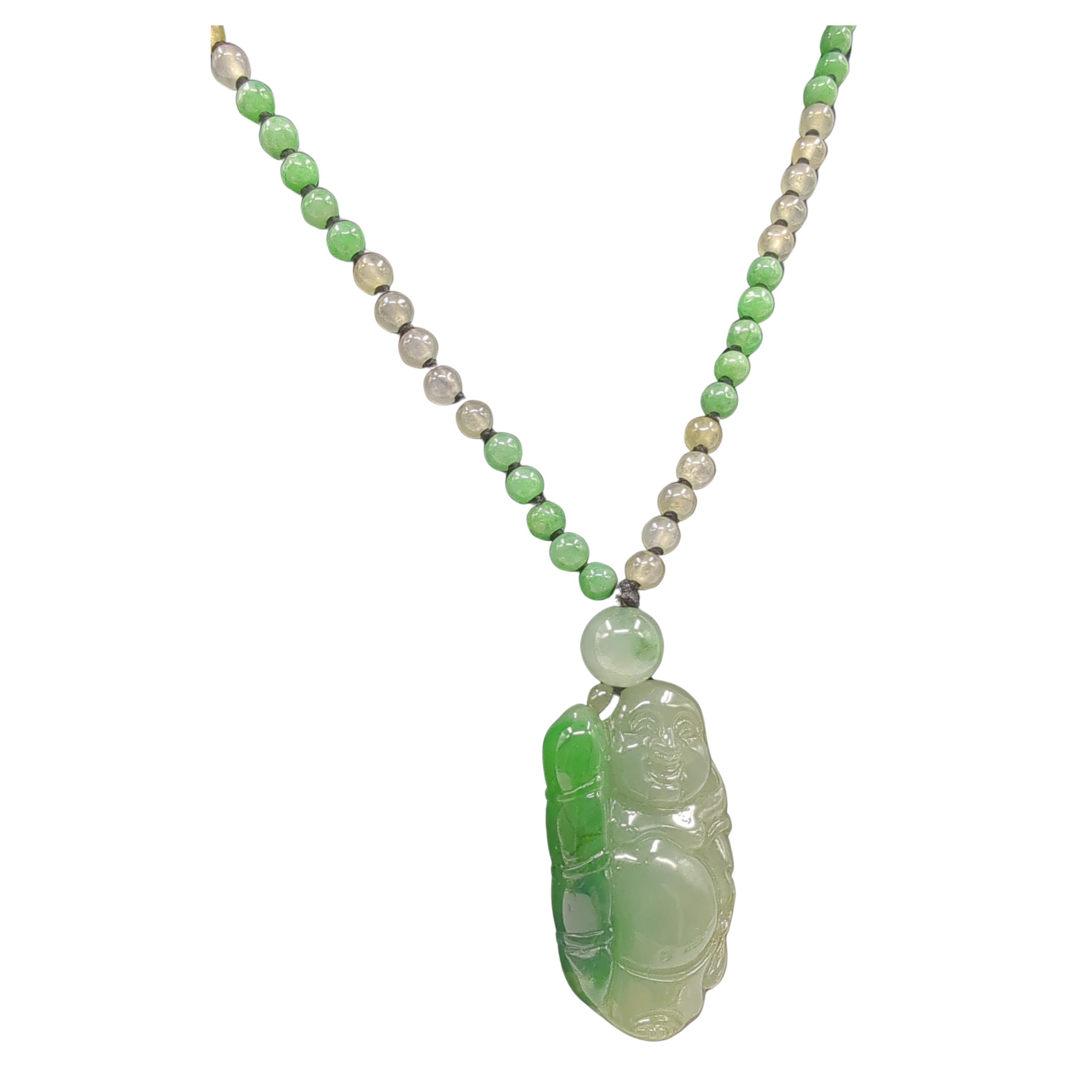 Chinese Moss Green A Grade Jadeite Laughing Buddha Icy Beaded Necklace 21