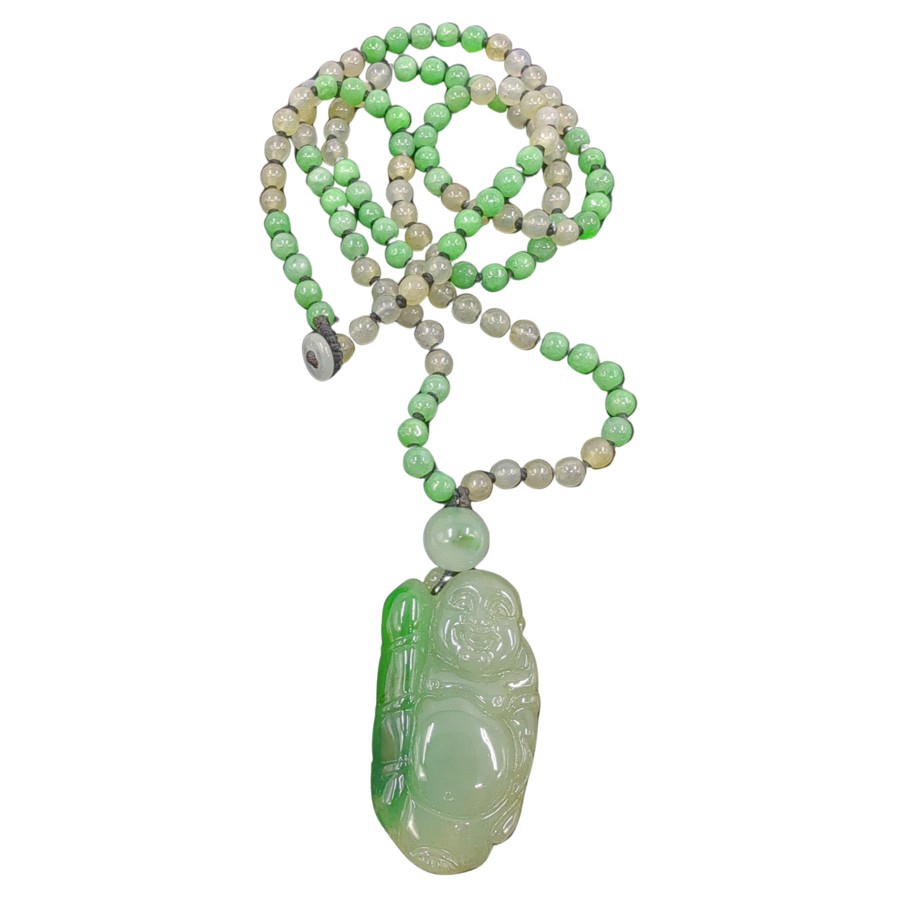 Women's or Men's Chinese Moss Green A Grade Jadeite Laughing Buddha Icy Beaded Necklace 21