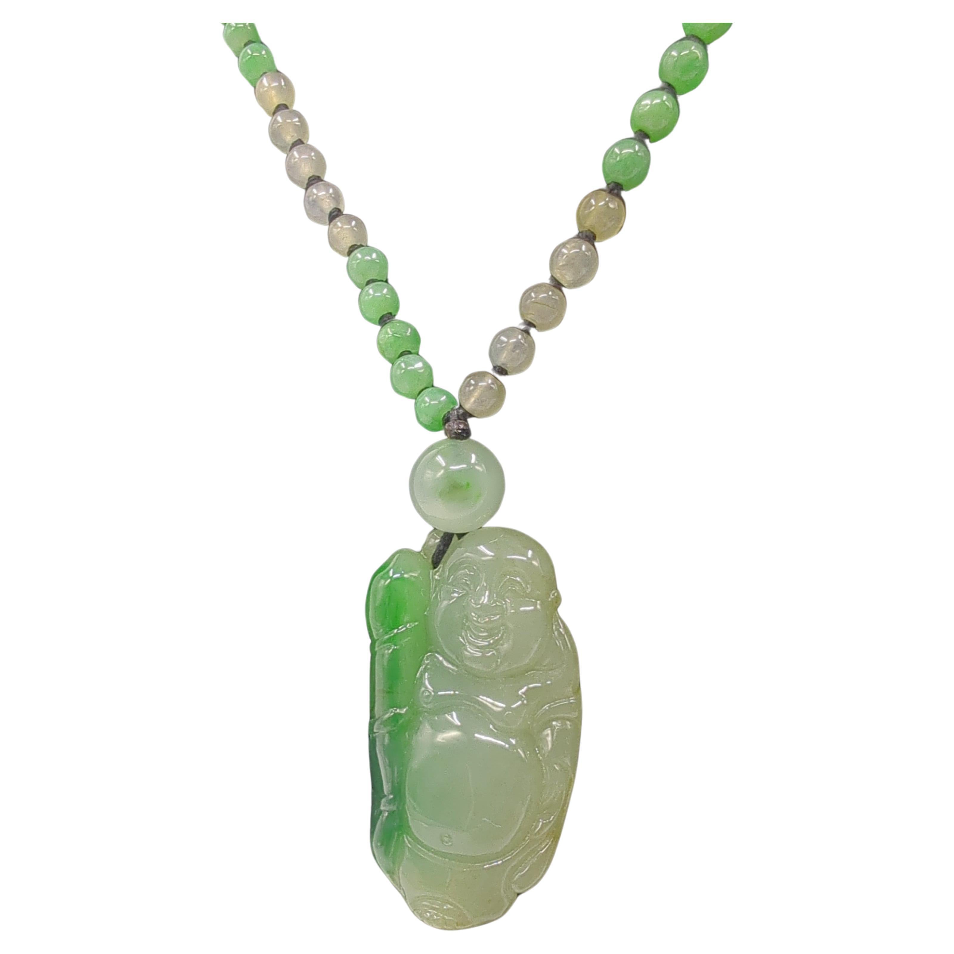 Chinese Moss Green A Grade Jadeite Laughing Buddha Icy Beaded Necklace 21