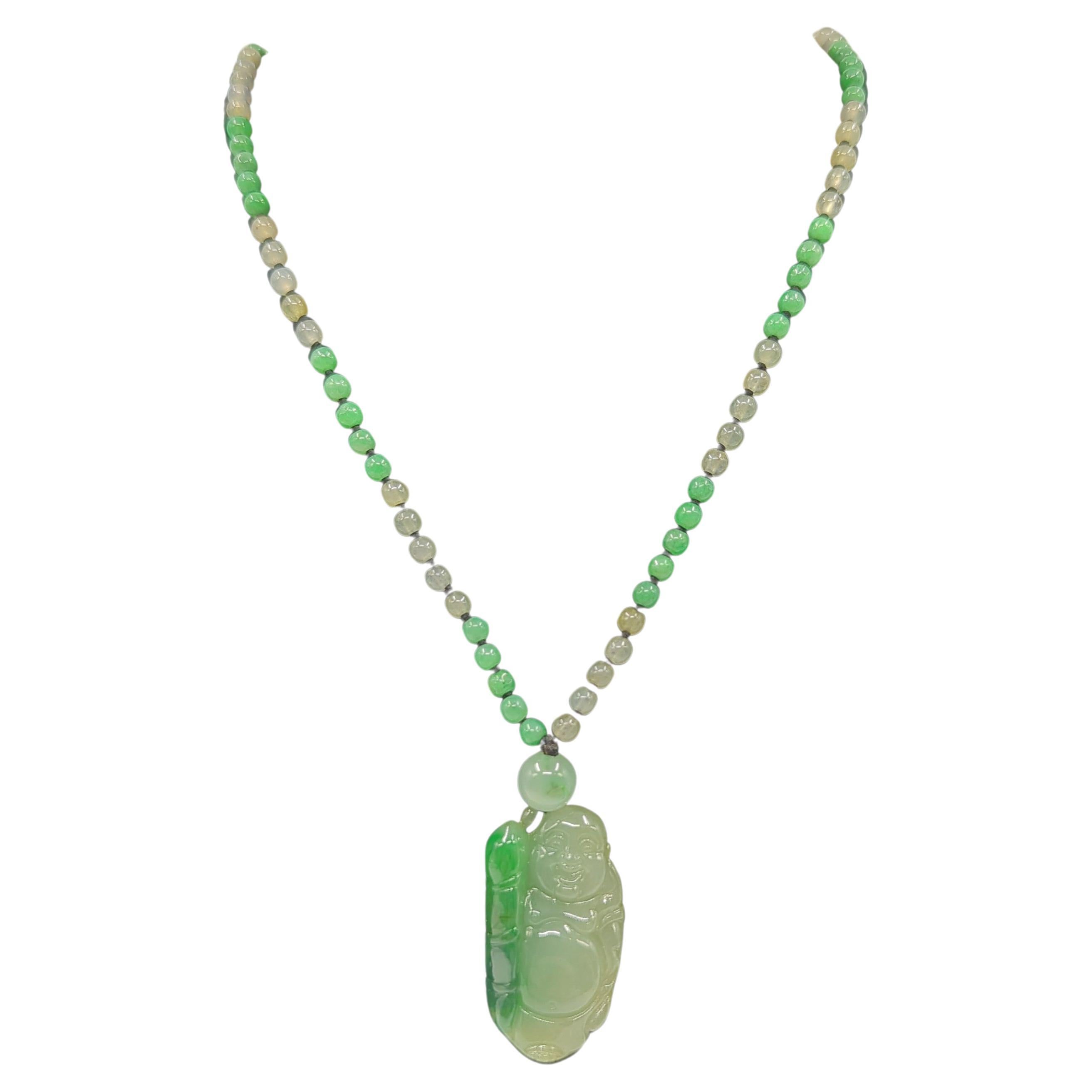 Chinese Moss Green A Grade Jadeite Laughing Buddha Icy Beaded Necklace 21" For Sale