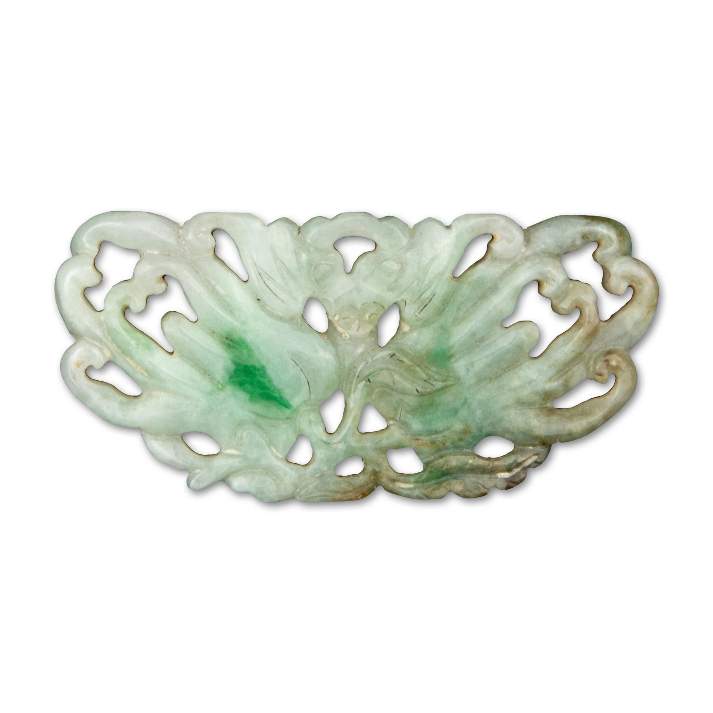 Chinese Export Chinese Moss-in-Snow Jadeite Pendant of Bat & Citrons For Sale