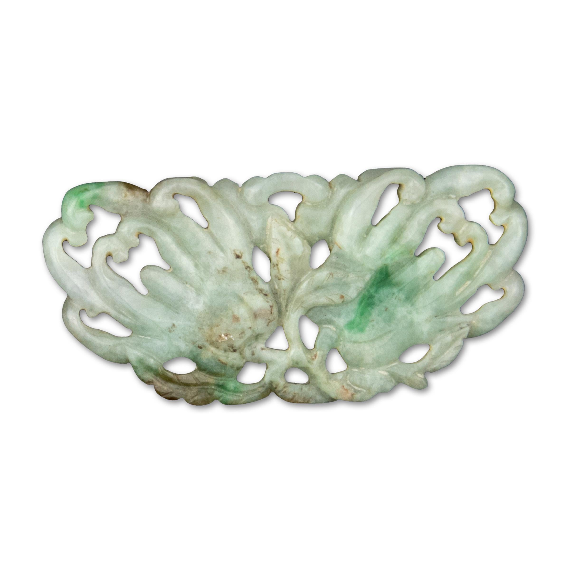 Carved Chinese Moss-in-Snow Jadeite Pendant of Bat & Citrons For Sale