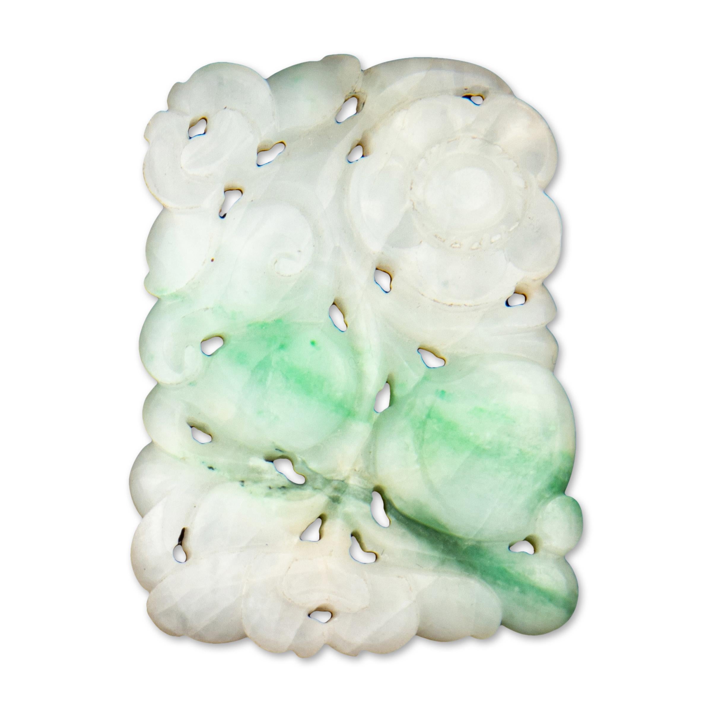 Chinese Export Chinese Moss-in-Snow Jadeite Pendant of Peaches For Sale