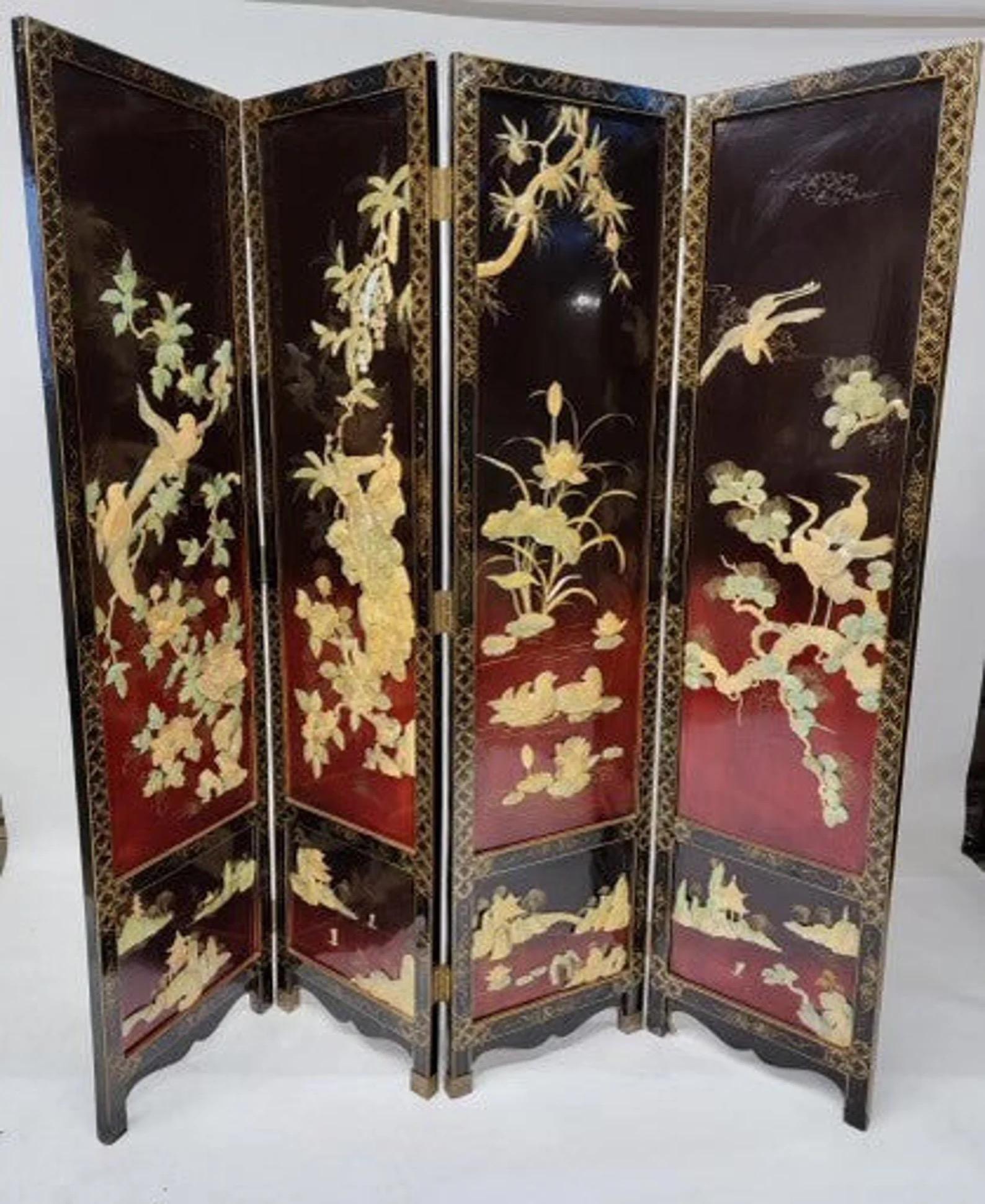 Mother-of-Pearl Chinese Mother of Pearl Coromandel Lacquered Hand Painted Screen/Room Divider For Sale