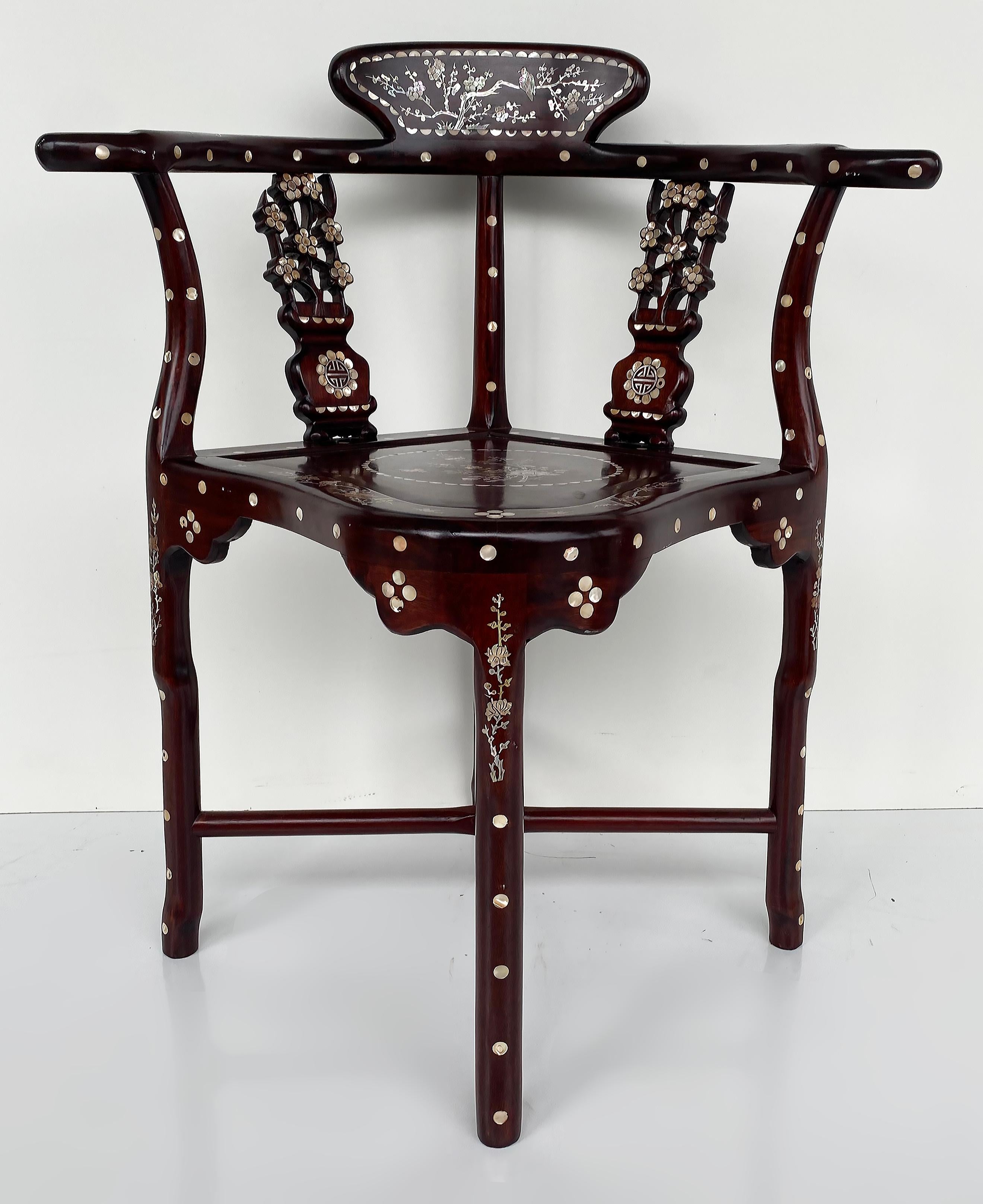 Chinese Mother of Pearl Intricately Inlaid Corner Chair  For Sale 6