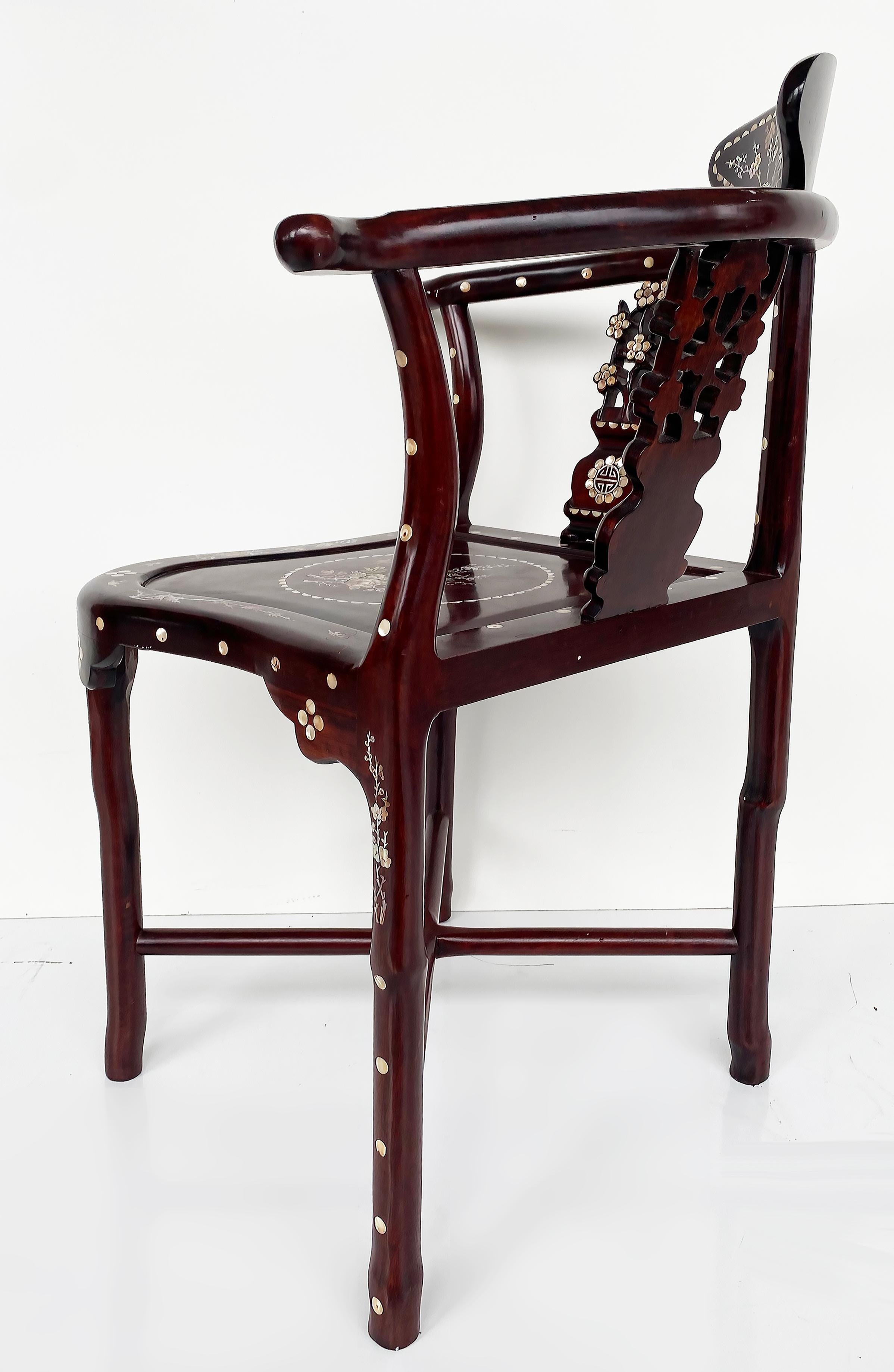 Chinese Mother of Pearl Intricately Inlaid Corner Chair  For Sale 1