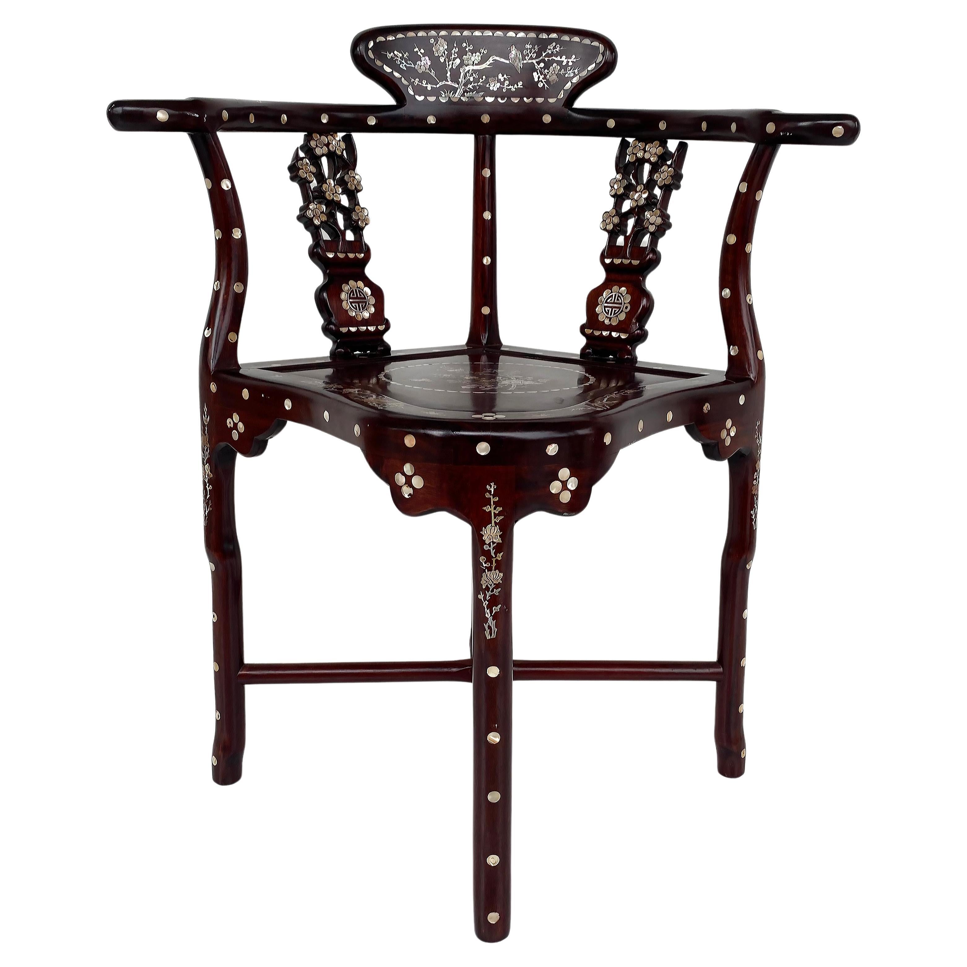 Chinese Mother of Pearl Intricately Inlaid Corner Chair 