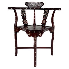 Vintage Chinese Mother of Pearl Intricately Inlaid Corner Chair 