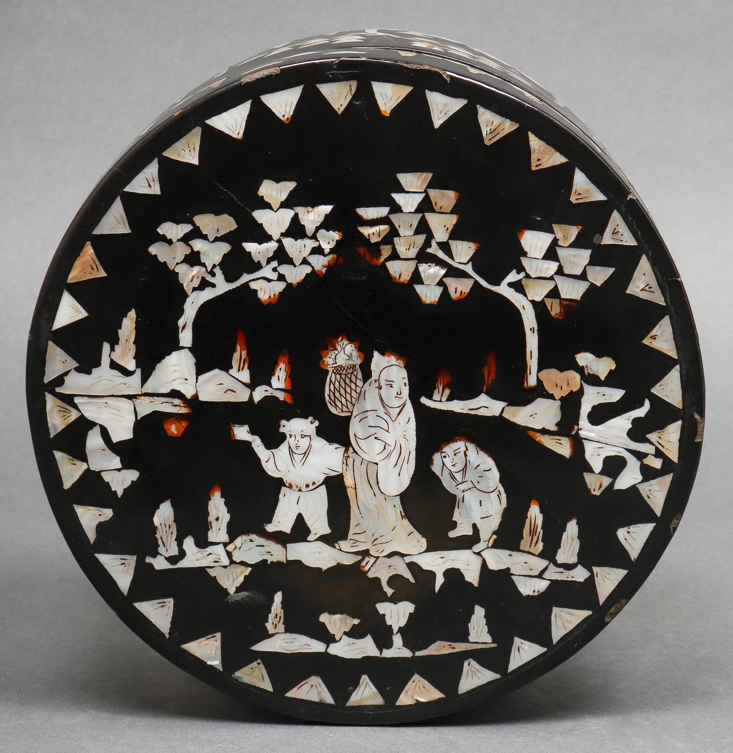Chinese mother of pearl inlaid lacquered circular box, the cover depicting mother with two children with all-over landscape decoration, circa late 19th-early 20th century. Measures: 4