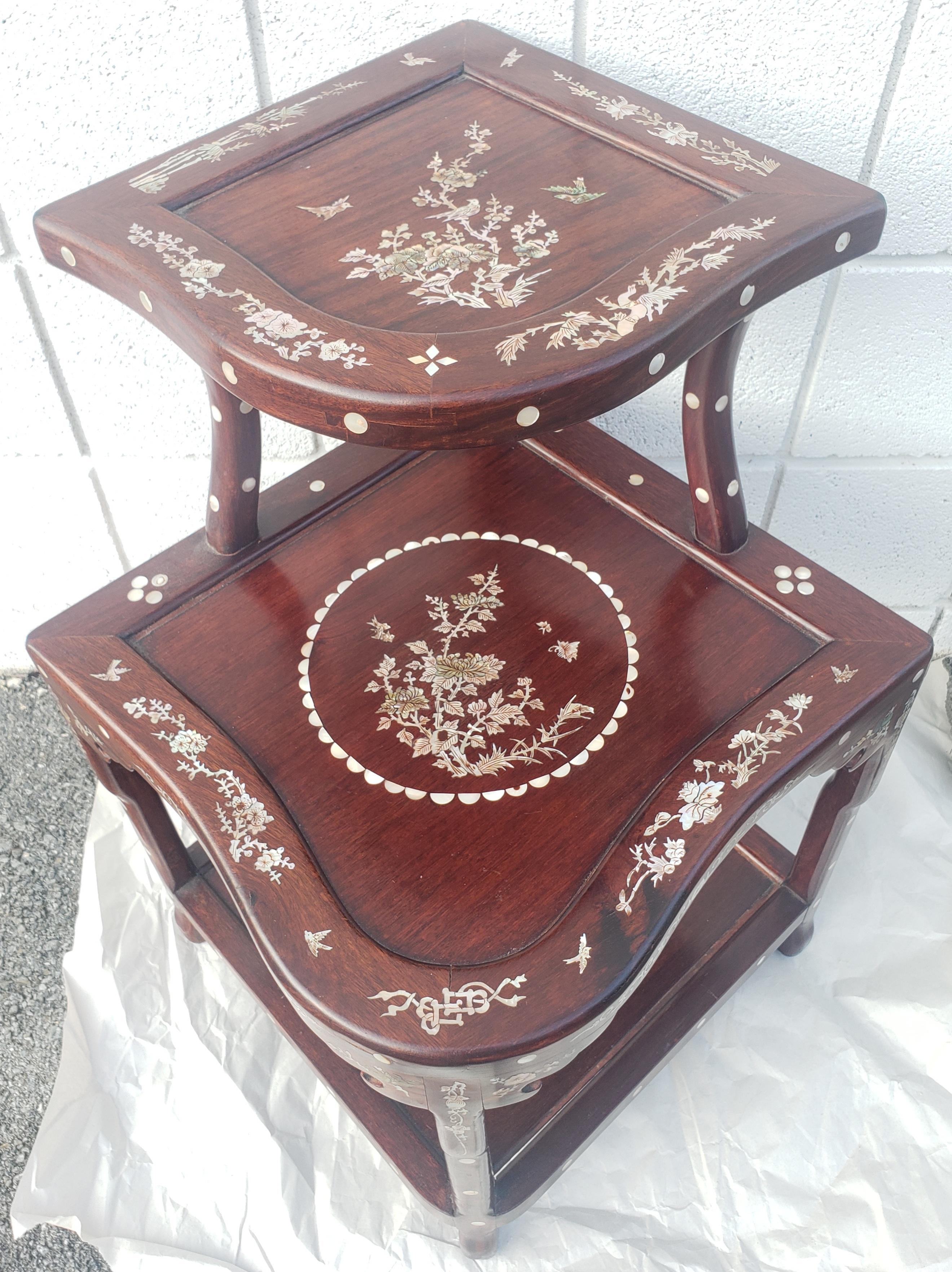 Chinese Export Chinese Mother-of-Pearl Inlaid Rosewood 3-tier Corner Table For Sale