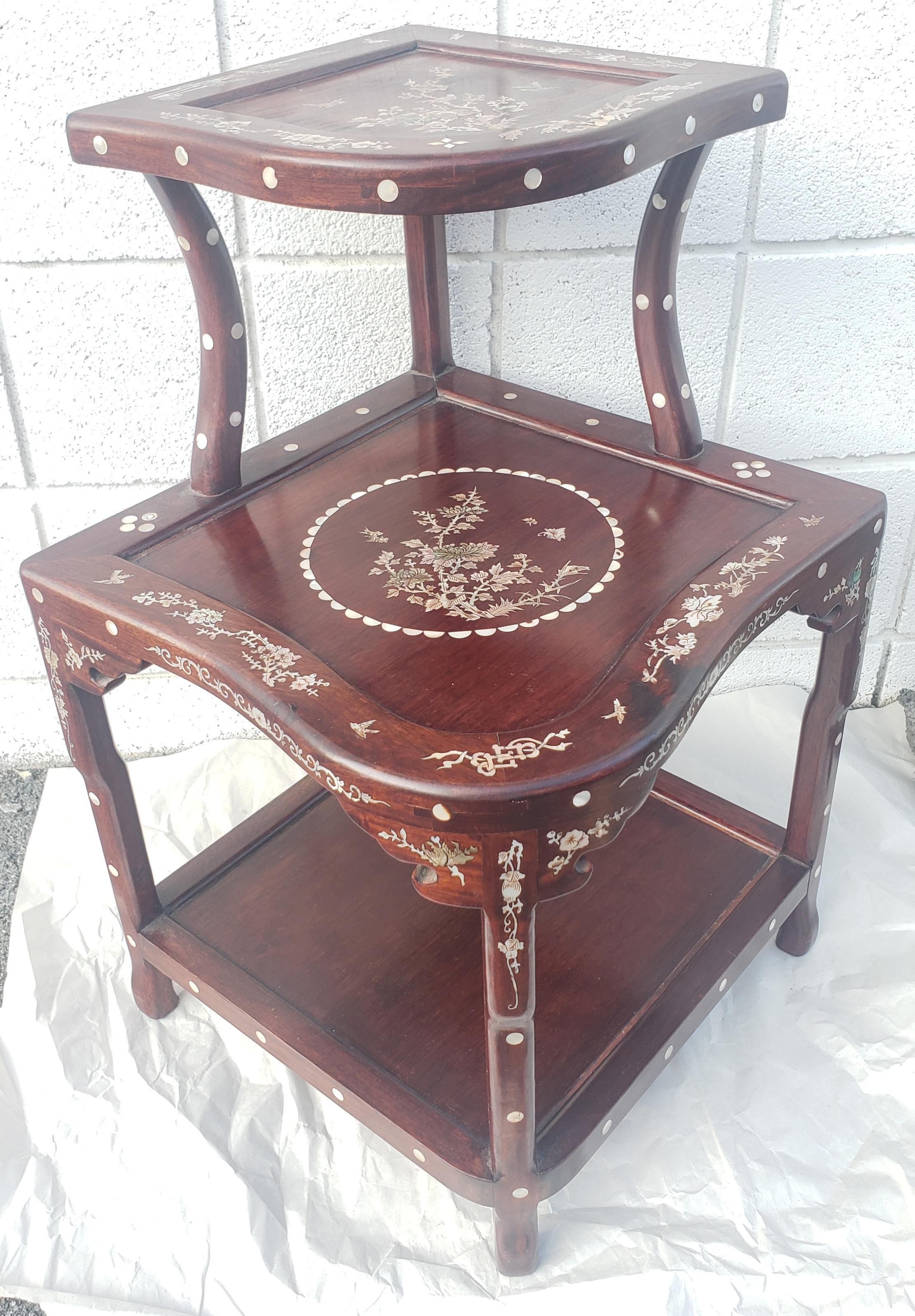 20th Century Chinese Mother-of-Pearl Inlaid Rosewood 3-tier Corner Table For Sale