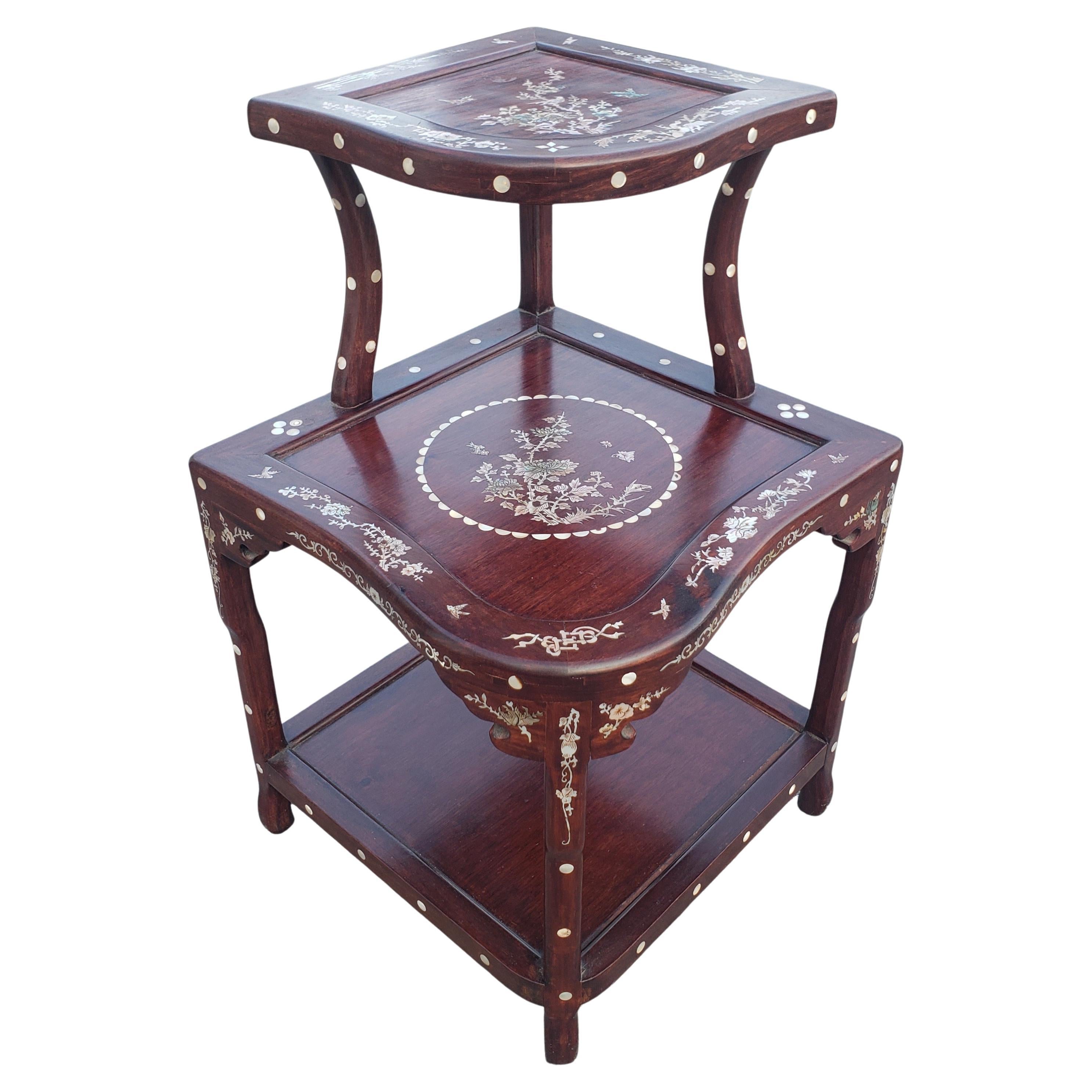 Chinese Mother-of-Pearl Inlaid Rosewood 3-tier Corner Table For Sale