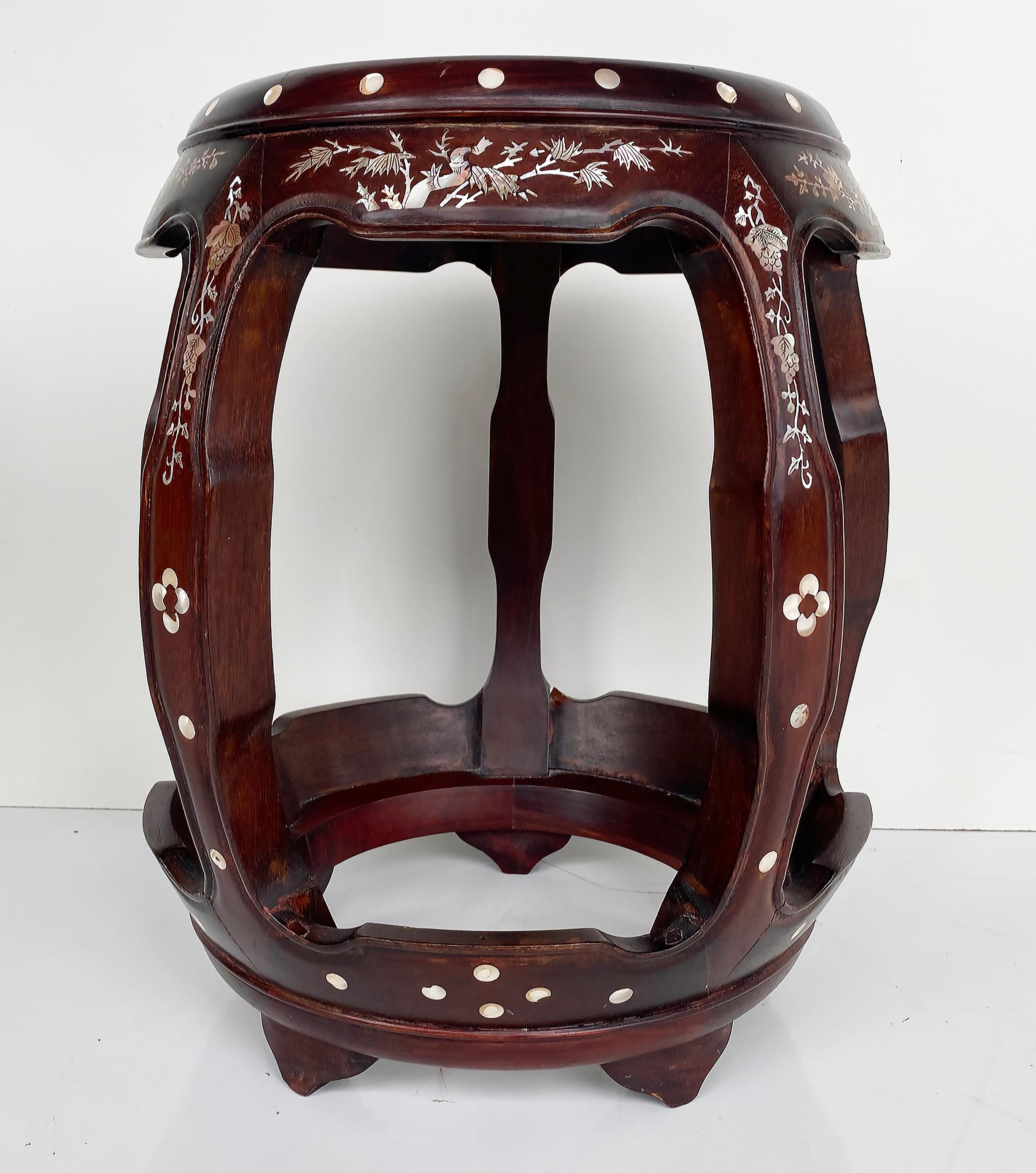 20th Century Chinese Mother of Pearl Inlaid Round Wood Drum Side Table For Sale