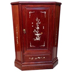 Vintage Chinese Mother of Pearl Inlaid Teak Wood Side Cabinet
