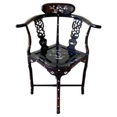 Chinese Hand Carved Mother of Pearl Inlay Corner Chair