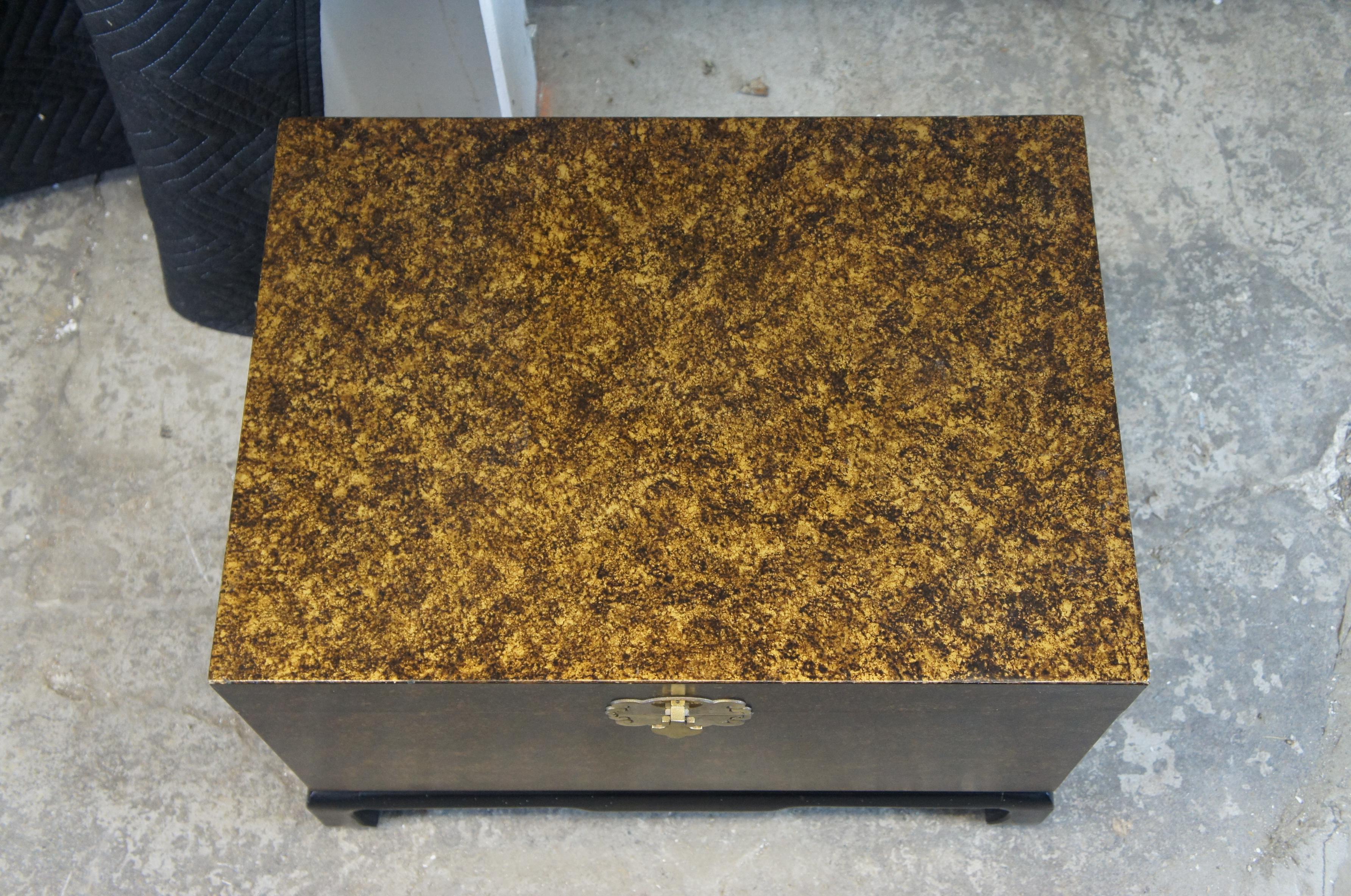 20th Century Chinese Mottled Gold & Black Chinoiserie Chest or Trunk on Stand Box Side Table For Sale