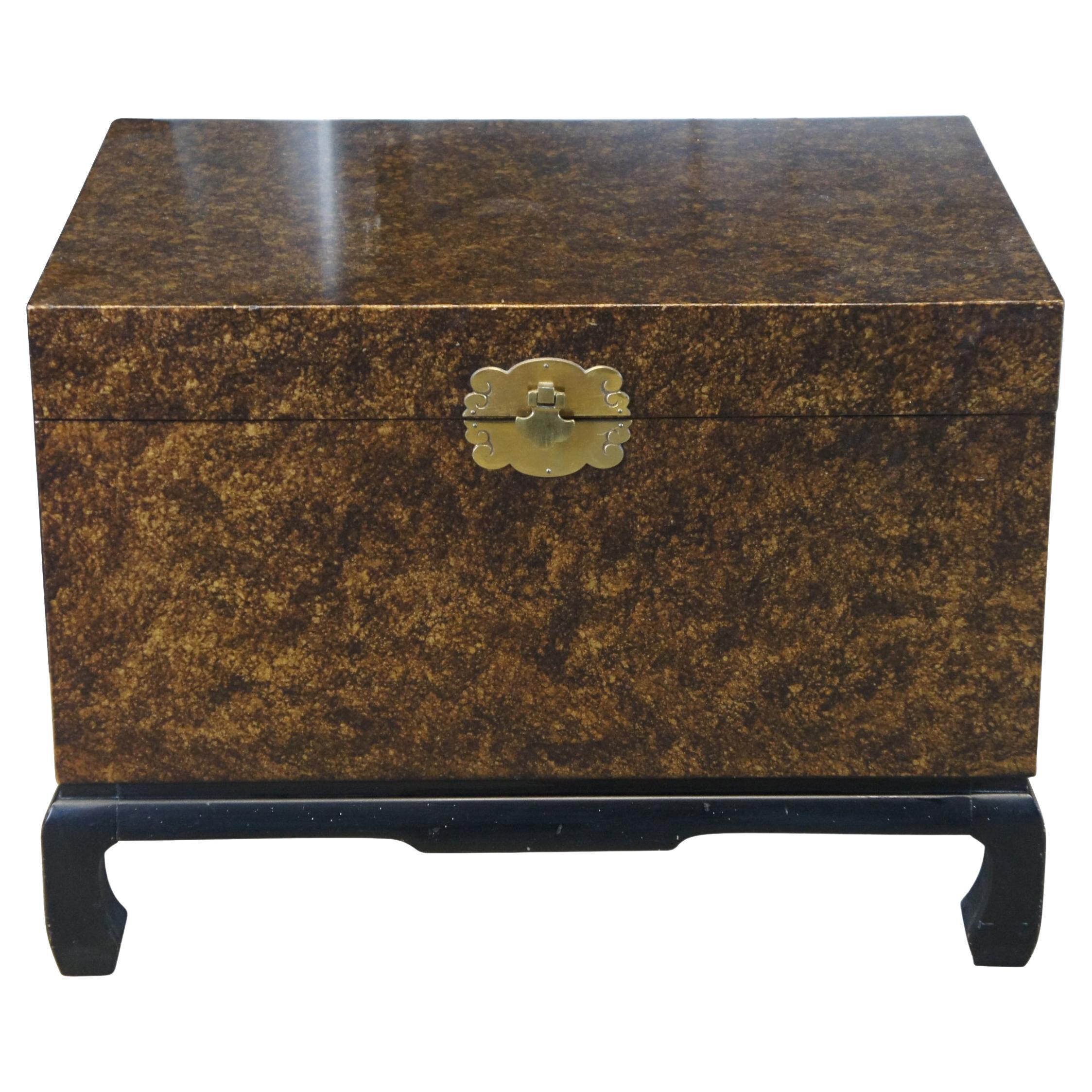 Chinese Mottled Gold & Black Chinoiserie Chest or Trunk on Stand Box Side Table For Sale