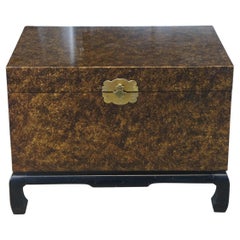 Chinese Mottled Gold & Black Chinoiserie Chest or Trunk on Stand Box Side Table