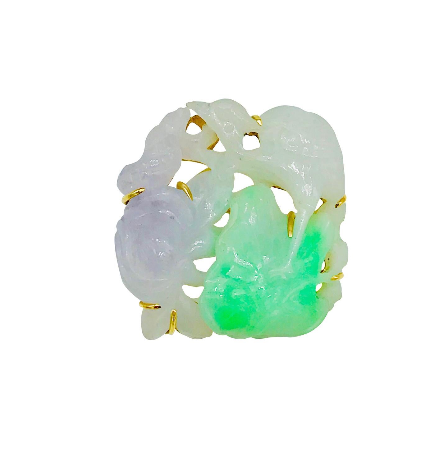 Chinese, Multi-Colored Jade, Turtles, Bird, Floral 14 Karat Pin In Good Condition For Sale In Aliso Viejo, CA