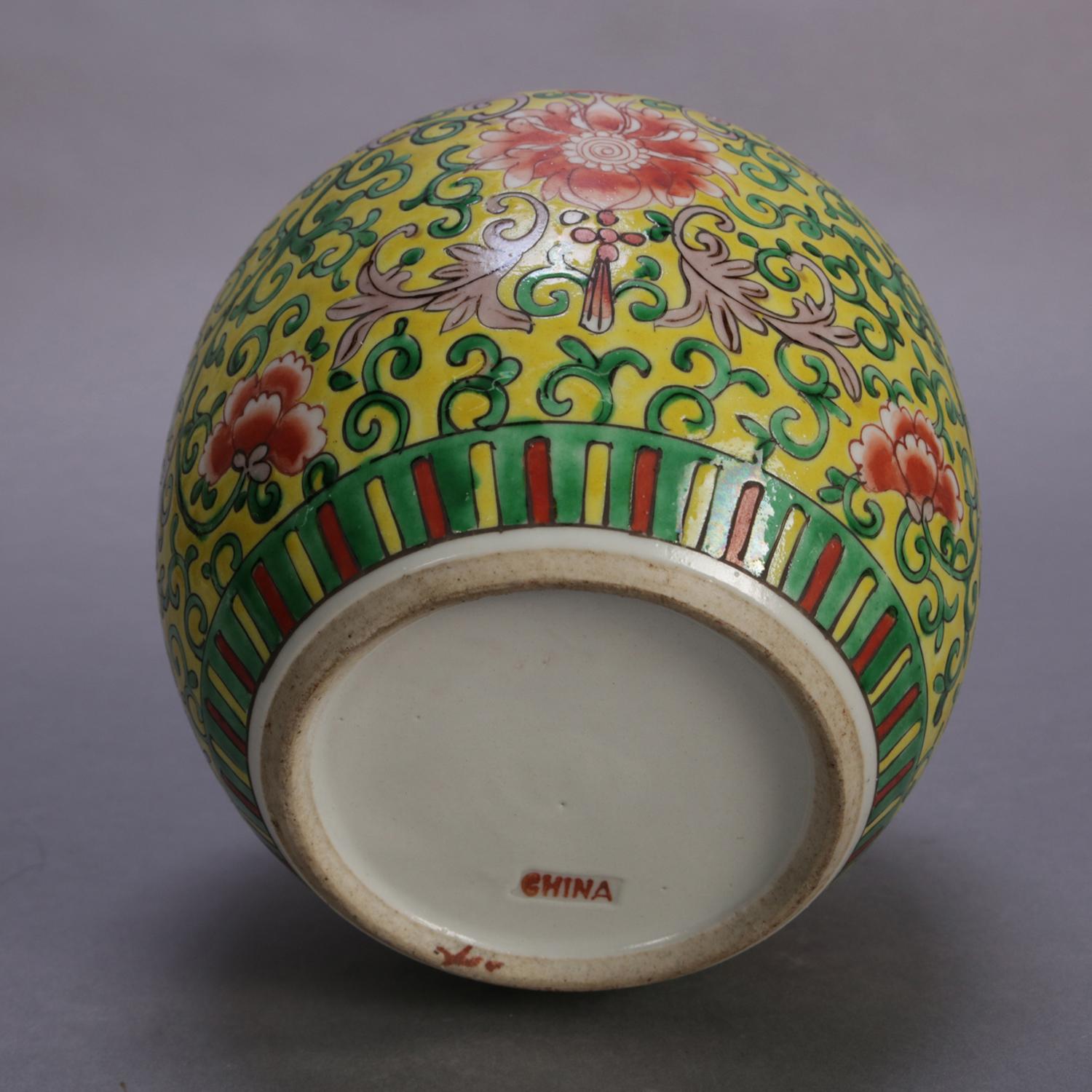 Ceramic Chinese Mun Shou Enameled Covered Ginger Jar, Yellow Ground, 20th Century