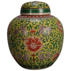 Chinese Mun Shou Enameled Covered Ginger Jar, Yellow Ground, 20th Century