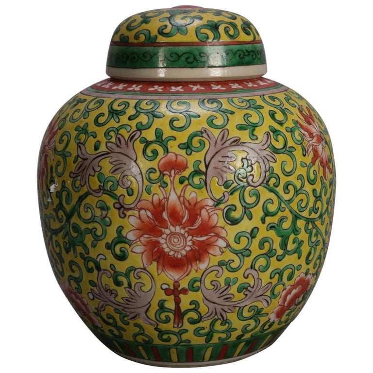 Chinese Mun Shou Enameled Covered Ginger Jar, Yellow Ground, 20th Century at 1stDibs
