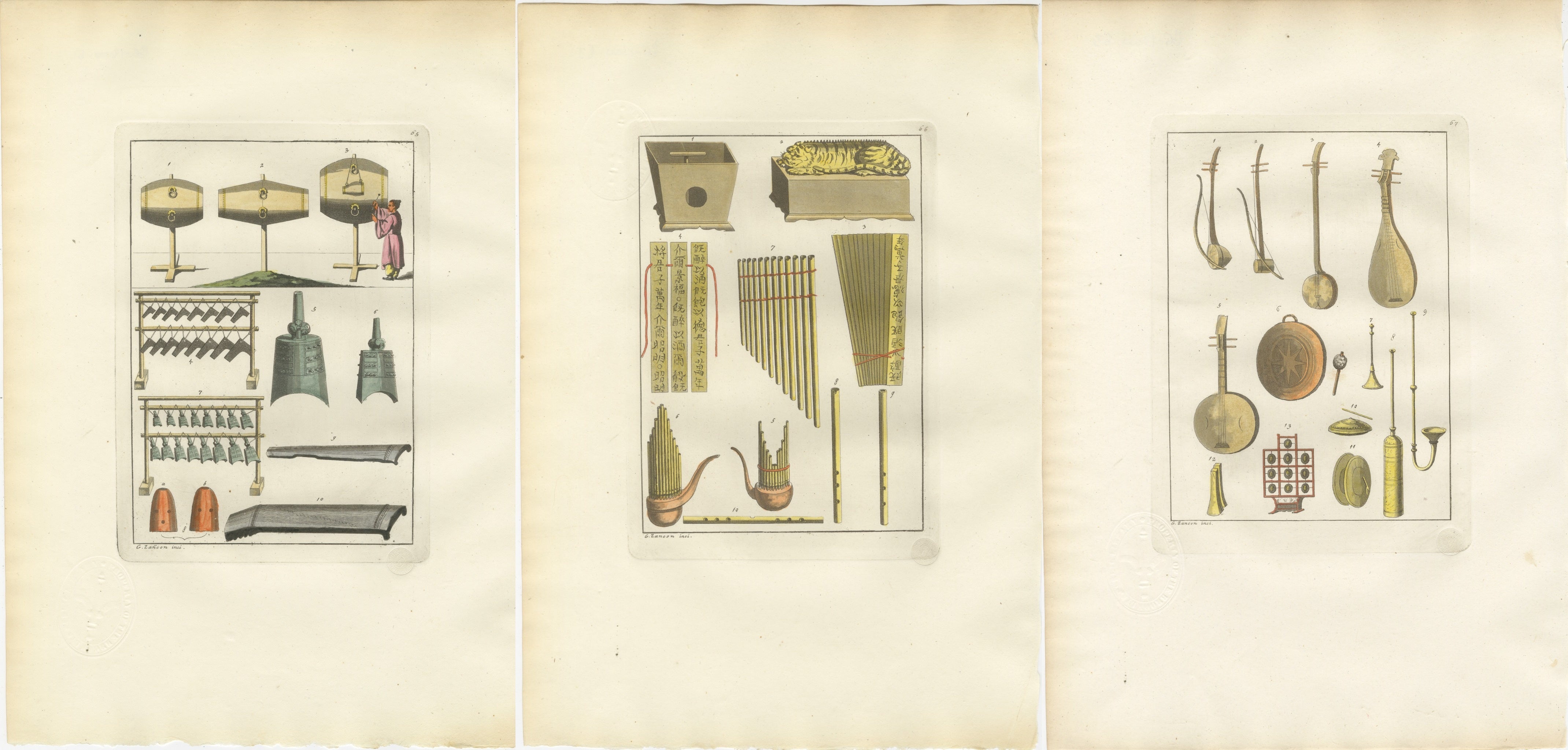 Chinese Musical Instruments – Set of Three Hand-Colored Engravings, 1815