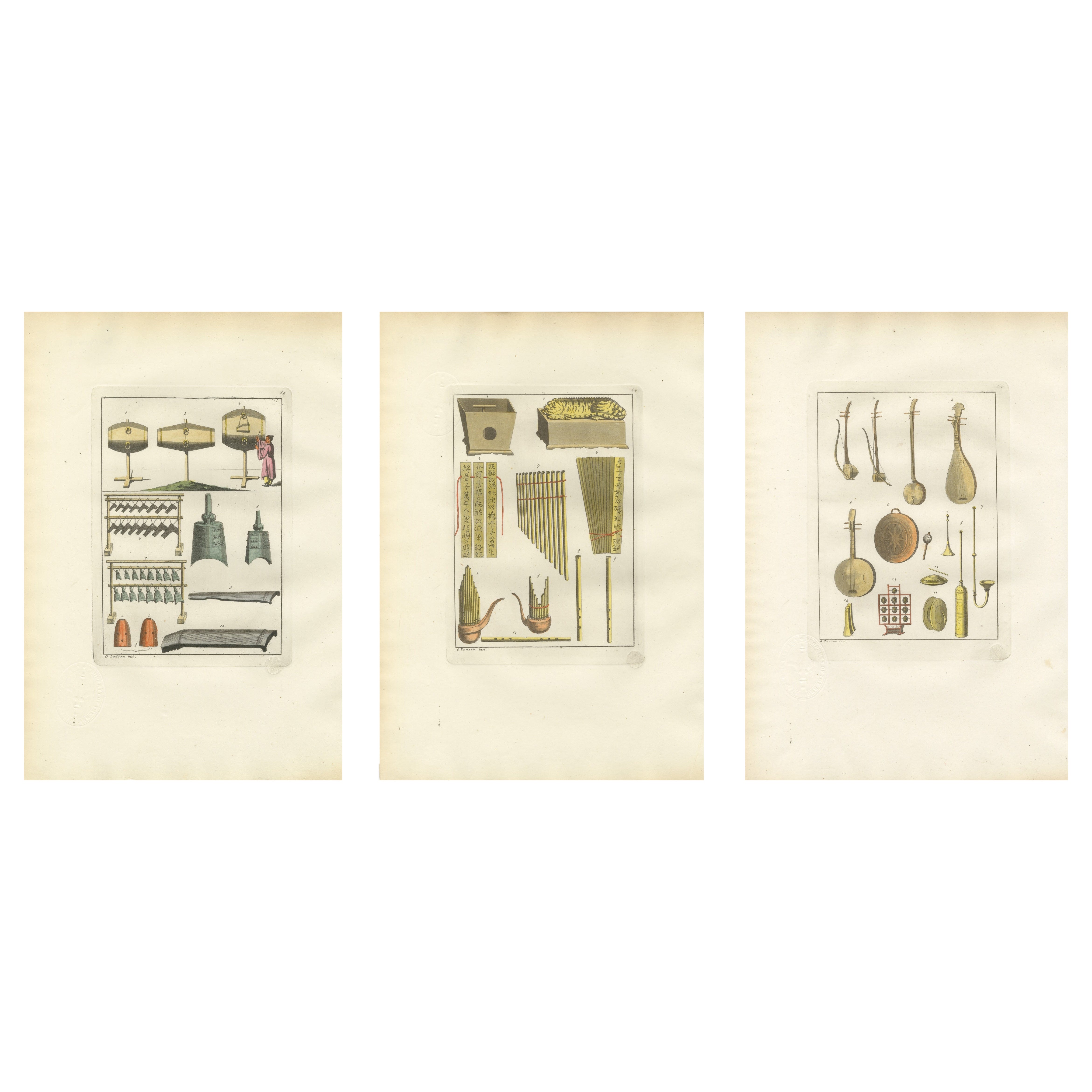 Chinese Musical Instruments – Set of Three Hand-Colored Engravings, 1815