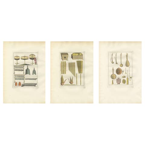 Chinese Musical Instruments – Set of Three Hand-Colored Engravings, 1815
