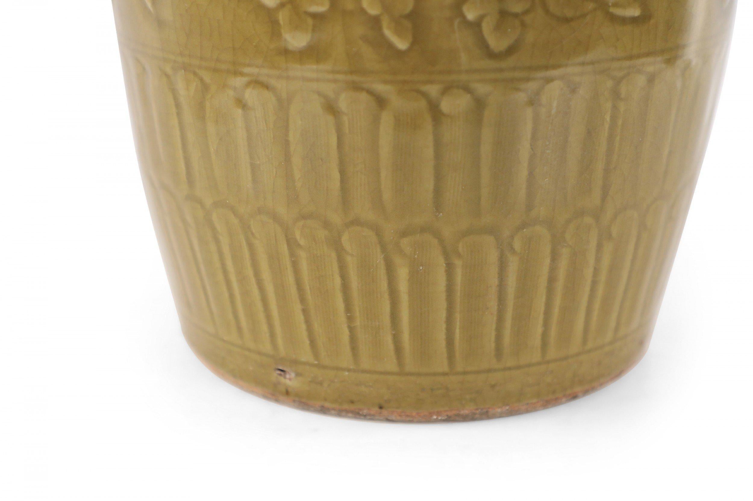 20th Century Chinese Mustard Colored and Tonal Patterned Meiping Porcelain Vase For Sale