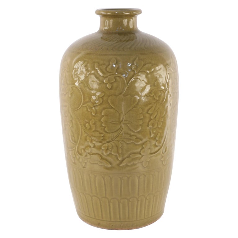 Chinese Mustard Colored and Tonal Patterned Meiping Porcelain Vase For