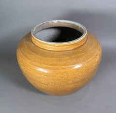 Chinese Mustard Glazed Incised Slip Decoration Ceramic Vase Vessel