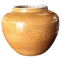 Chinese Mustard Glazed Incised Slip Decoration Ceramic Vase Vessel